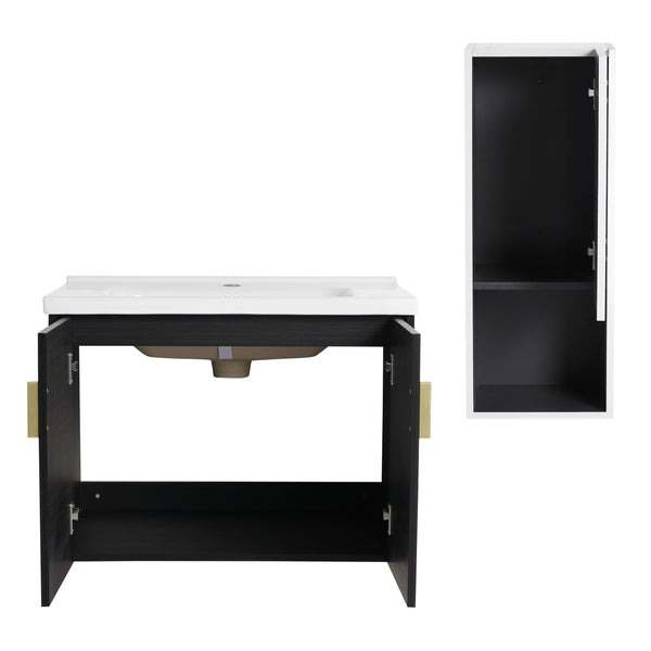 English Elm 28" Wall-Mounted Bathroom Vanity & Ceramic Sink With Side Cabinet, Soft-Close Doors For Modern Homes W999S00329