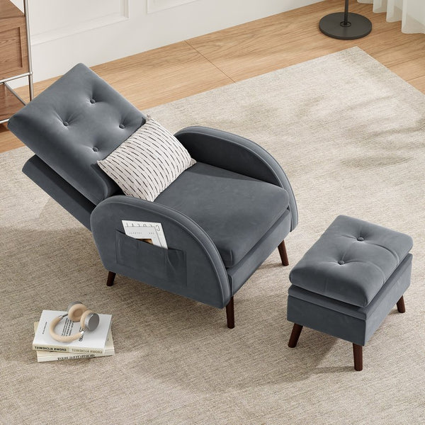 English Elm Upholstered Velvet Accent Chair and Ottoman with Storage, Tufted Design, 6-Level Adjustable Backrest Dark Gray T3623P411376