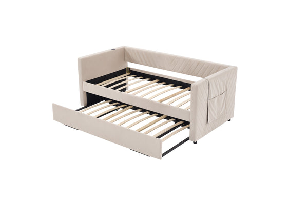 English Elm Twin Velvet Upholstered Daybed with Trundle, V-Pattern Backrest, USB Port, Side Pockets, Sturdy Design Beige W1361S00041