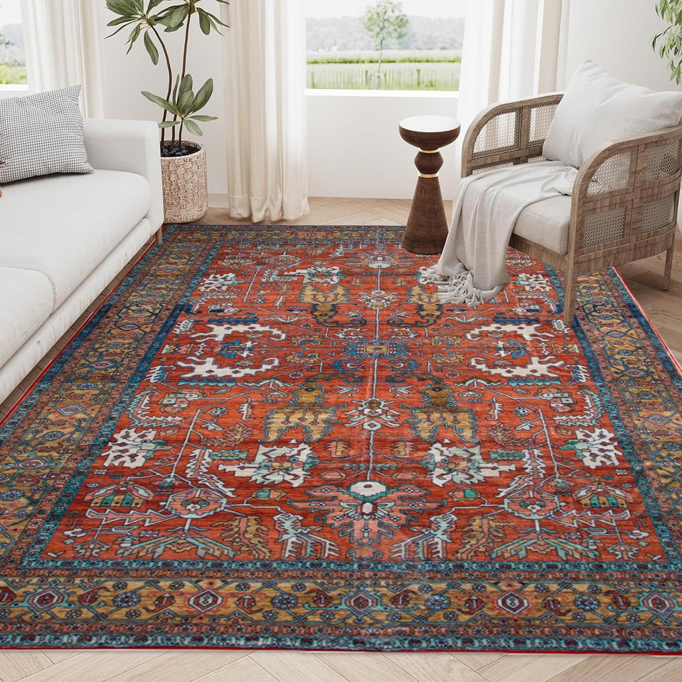 English Elm Area Rug 8X10 Vintage Bohemia Non-Slip Washable For Living Room, Bedroom, Kitchen - Abstract Red Charm W2907P265115