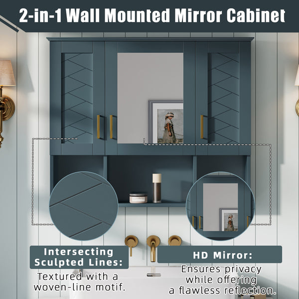 English Elm 35 Inch Wall Mount Medicine Cabinet Soft Close Mirror Storage for Modern Bathroom Blue N710P389453C
