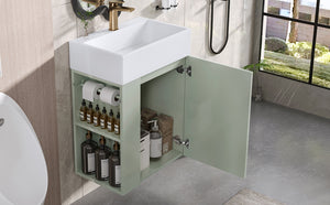 English Elm 20 Modern Wall-Mounted Bathroom Vanity with Ceramic Sink, Diamond Door, Gold Handles & Shelves — Compact Green N725P314033F