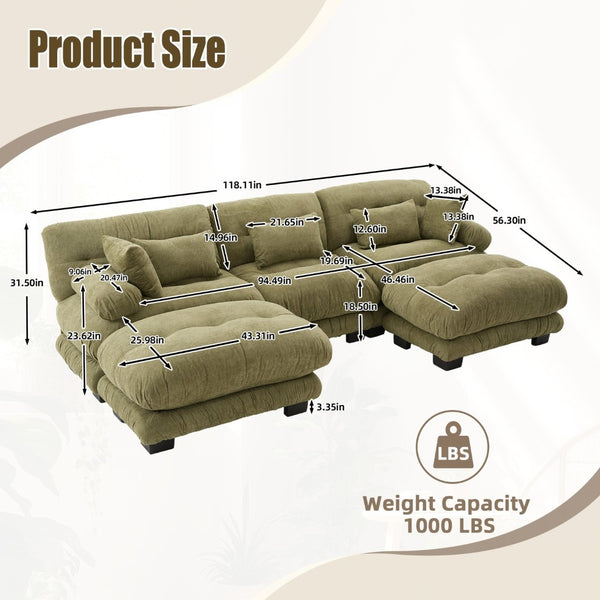 English Elm United We Win U-Shaped Cloud Couch In Pelletized Velvet With 2 Ottomans & Lumbar Pillows For Cozy Living W1568S00197-GIGA