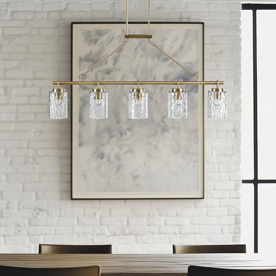 English Elm 5-light Modern Linear Chandelier with Textured Glass Shades, 45"W Iron Frame, Adjustable 54" Rod, Warm Ambient Lighting B035P280529
