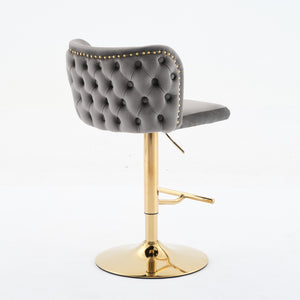 English Elm A&A Luxe Velvet Swivel Barstool with Gold-Plated 17.7" Base, Tufted Back, Ergonomic Waist Support Gray W1143P204046