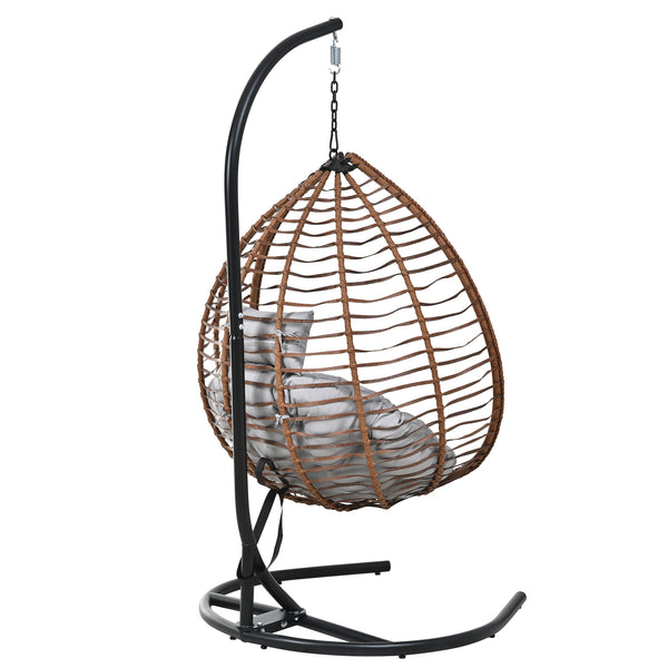 English Elm U_style Wicker Hanging Egg Chair with Stand Foldable Indoor Outdoor Swing Seat Brown+Gray N711P389502G