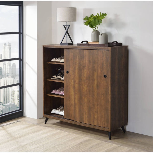 English Elm Oak Mid-Century Shoe Cabinet with 2 Sliding Doors, 3 Adjustable Shelves & Tapered Legs, 47"H B062P209190