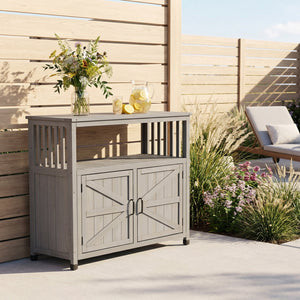 English Elm Wooden Solid Bar Height Buffet Cabinet with Slatted Panels for Patio or Dining W2640P262542