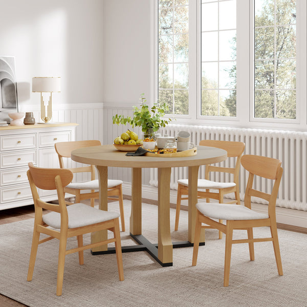 English Elm Christopher Knight Home® - 5PCS Mid-Century Modern Dining Set with Round Wood Table and Upholstered Fabric Chairs, Sleek Design Beige+Natural 58915.00LBE_N771P240936K