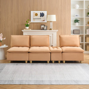 English Elm 104-inch pumpkin flannel three-seater sofa with storage cabinet, cup holders, adjustable backrest, comfy modern design Light Brown W1658S00095