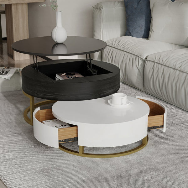 English Elm Dolce Round Lift-Top Wood Coffee Table with Convertible Heights and Sturdy Iron Frame, Modern Chic Black White B341S00041