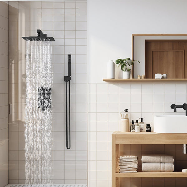 English Elm Rainfall Luxury Shower System with 10" Square Head, High-Pressure Rain + Handheld and Storage Rack Matte Black T3177P269148