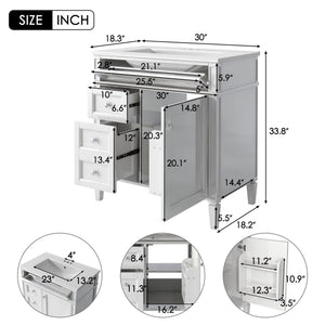 English Elm 30'' Modern Bathroom Vanity with Integrated Mirror Cabinet, Ceramic Sink, 3 Drawers & Ample Storage White SW000126AAK-1