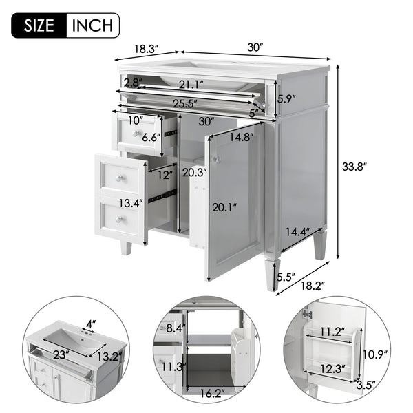 English Elm 30'' Modern Bathroom Vanity with Integrated Mirror Cabinet, Ceramic Sink, 3 Drawers & Ample Storage White SW000126AAK-1