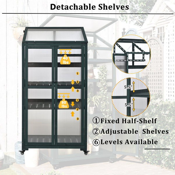 English Elm Topmax Fir Wood Portable Greenhouse with Polycarbonate Panels Adjustable Shelves and Casters N717P221494F