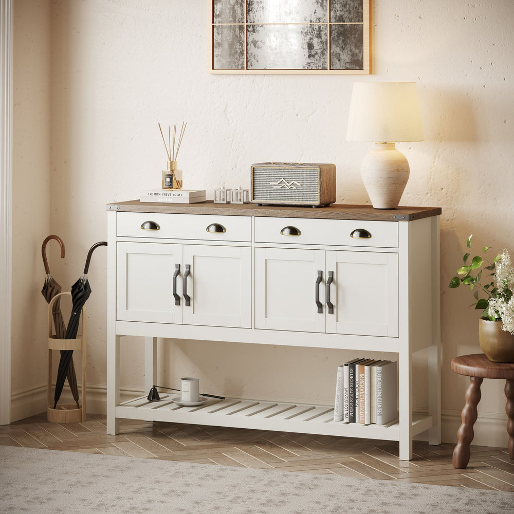 English Elm 47'' Modern Farmhouse Console Storage Table with Two Drawers Four-Door Cabinet and Slatted Shelf for Entryway Living Room Organization and Display Brown,Soft White T3771P372058