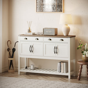 English Elm 47'' Modern Farmhouse Console Storage Table with Two Drawers Four-Door Cabinet and Slatted Shelf for Entryway Living Room Organization and Display Brown,Soft White T3771P372058