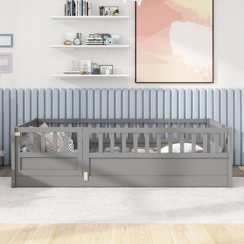 English Elm Twin Montessori Floor Bed Frame With High Security Barriers & Child-Friendly Door In Grey Finish W1858P164928-GIGA