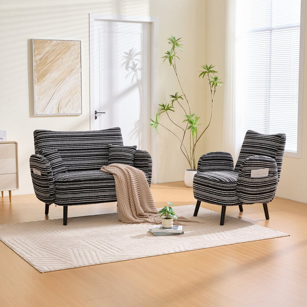English Elm Modern tufted two-seater sofa with boucle upholstery, tapered legs, storage pockets, cozy compact design Black W395P376591