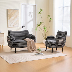 English Elm Modern tufted two-seater sofa with boucle upholstery, tapered legs, storage pockets and plush comfort for small spaces and offices Black W395P376591