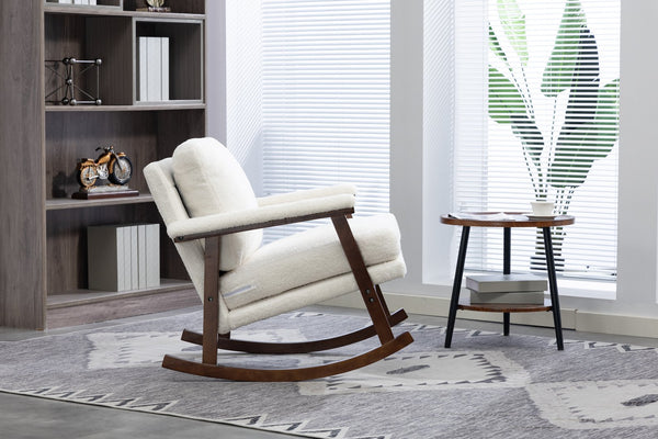 English Elm Mid Century Modern Rocking Chair Solid Wood Frame Upholstered Seat with Lumbar Cushion Antique White W2530P418996