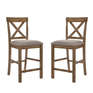 English Elm Set Of 2 Stylish Linen Counter Height Chairs With X-Back Design - Tan & Weathered Oak Finish B016P314418-GIGA