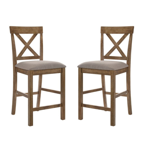English Elm Set Of 2 Stylish Linen Counter Height Chairs With X-Back Design - Tan & Weathered Oak Finish B016P314418-GIGA