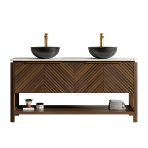 English Elm Dina 60 Inch Floating Bathroom Vanity Sintered Stone Top Dual Glass Basins Wood Grain W2615S00728