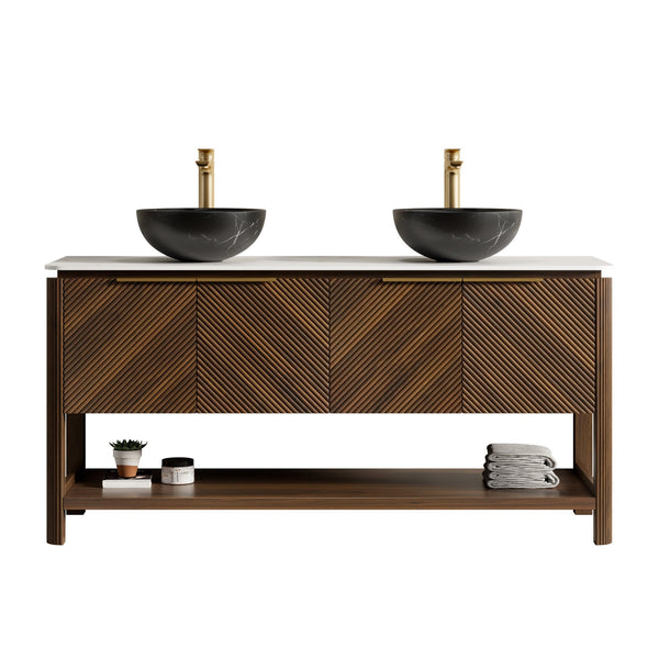 English Elm Dina 60 Inch Floating Bathroom Vanity Sintered Stone Top Dual Glass Basins Wood Grain W2615S00728