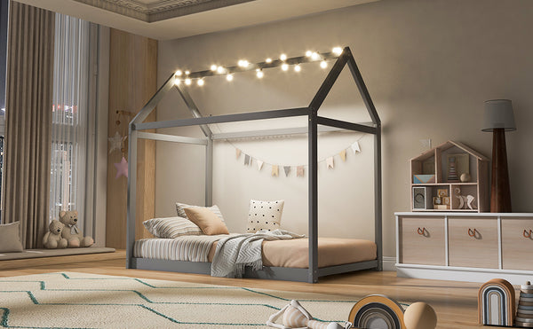 English Elm Twin House Bed Pine Wood Frame with Peaked Roofline Low Profile Kids Bedroom WF197557AAE