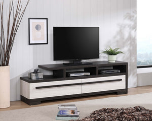 English Elm 1pc Modern Entertainment Console with Industrial Edge, Grey Wood Finish, Open Shelf & Two Drawers Beige,Ebony 19.37 L x 72.79 W x 22.48 H B2741P295141