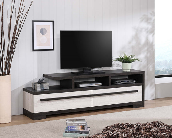 English Elm 1pc Modern Entertainment Console with Industrial Edge, Grey Wood Finish, Open Shelf & Two Drawers Beige,Ebony 19.37 L x 72.79 W x 22.48 H B2741P295141
