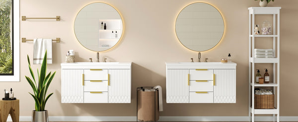 English Elm 72'' Wall Mounted Bathroom Vanity with 4 Drawers & Double Cabinets, Waterproof MDF, Smooth Slide Rails White N710SS00009K