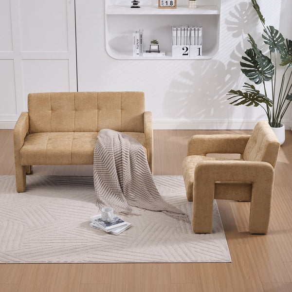 English Elm Nordic Ergonomic Double Armchair Upholstered Chenille Two-Seater Sofa 550lb Capacity Compact Lounge Chair Yellow W395P380536
