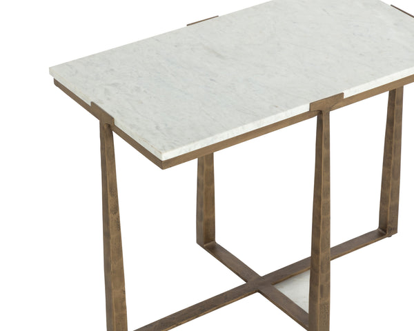 Sunpan Cowell Side Table - Elegant Rustic Oak Design with Carved Doors and Soft Close Hinges for Modern Homes Antique Brass