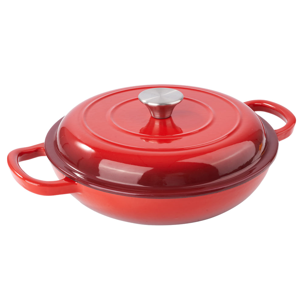 English Elm 3 Quart Enameled Cast Iron Braiser Red – Nonstick Dutch Oven Skillet with Lid, Oven/Grill Safe to 500°F, Even Heat T3950P399256