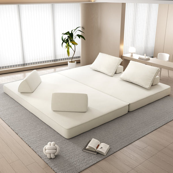 English Elm 86.6"Multifunctional Folding Sofa Bed with Chaise, Fluffy Chenille, Removable Backs & Pillows, Deep Seat Lounge Beige W3219P340665