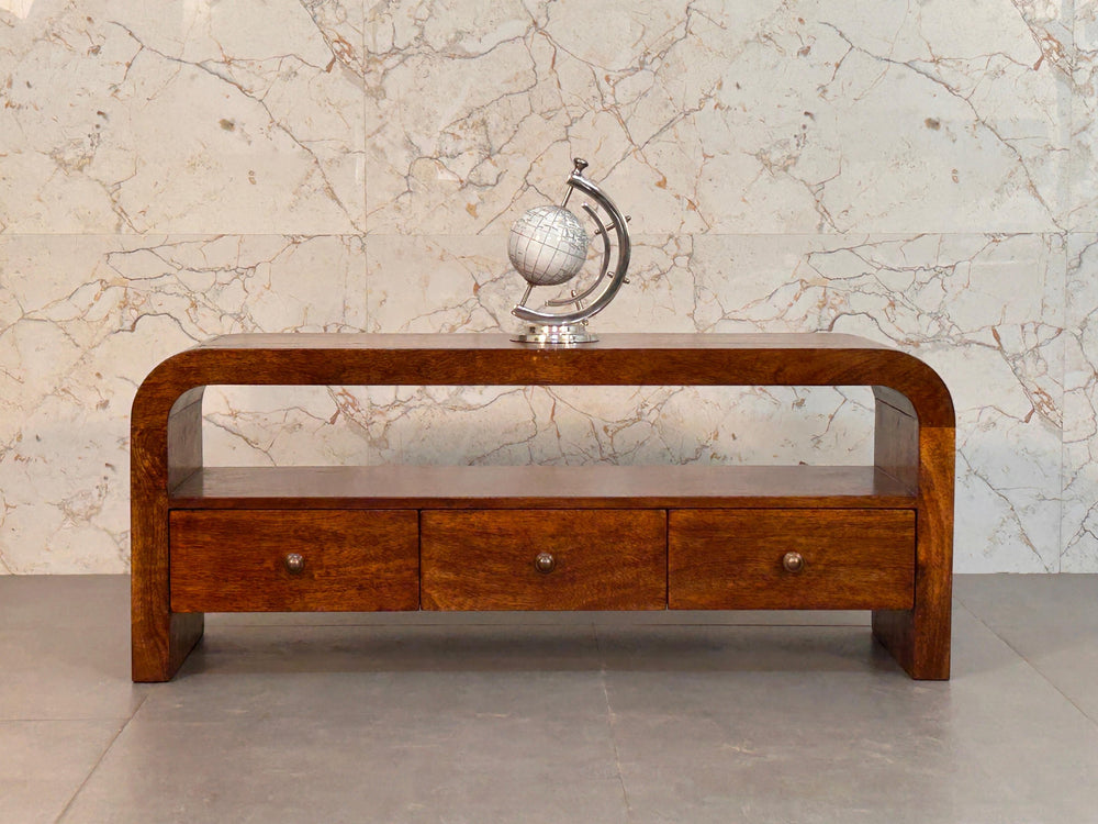 English Elm Darcy Solid Mango Wood Media Console in Chestnut Finish with 3 Drawers, Open Shelf & Brass Knobs B182P293834