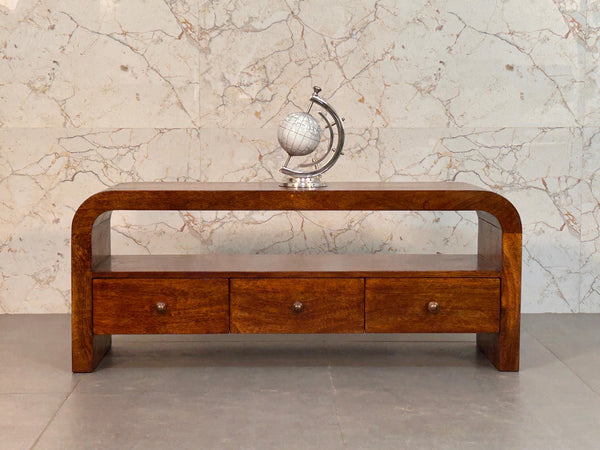 English Elm Darcy Solid Mango Wood Media Console in Chestnut Finish with 3 Drawers, Open Shelf & Brass Knobs B182P293834