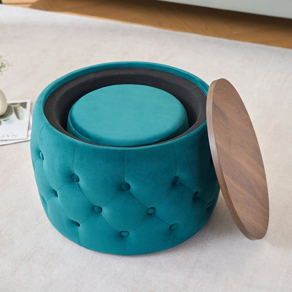 English Elm Ball Cast Round Nesting Ottoman Set Linen Upholstered Hidden Storage with Wooden Tray Blue W3163P379372