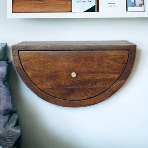 English Elm Chestnut Crescent Floating Nightstand with Drawer – Solid Mango Wood, Wall-Mounted, Brass Knob Finish B182P336643