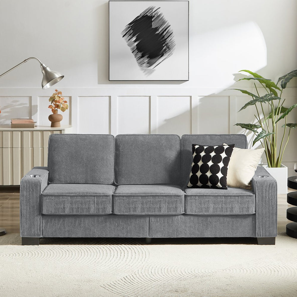 English Elm 83.86"Corduroy comfy sofa with resilient sponge & spring cushions, stylish modern 3-seater for living spaces Gray W1359P215066