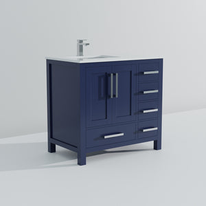 English Elm Navy 36" Bath Vanity with Left White Quartz Top, Soft-Close Drawers, Chrome Faucet, Ample Storage B2731P259055