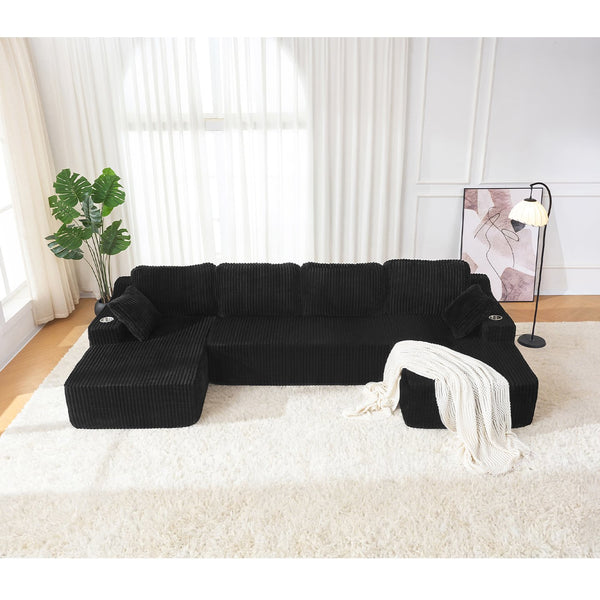 English Elm U-shaped Corduroy Cloud Sectional Sofa with Pocket Springs and Modular Living Room Seating Black W3366S00001