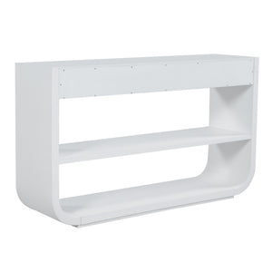 English Elm [video] Sculptural Console Table Pine Wood Curved Legs Soft-close Drawers Open Shelving Entryway White N759P433560K