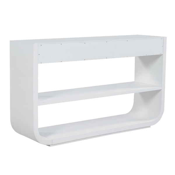 English Elm [video] Sculptural Console Table Pine Wood Curved Legs Soft-close Drawers Open Shelving Entryway White N759P433560K