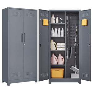 English Elm Gray Steel Locking Tall Storage Cabinet with Adjustable Shelves for Kitchen or Shop Grey T3625P372658
