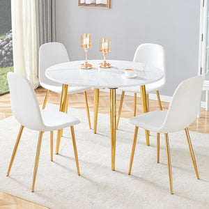English Elm Table and Chair Set Extendable Round Mdf Dining with Gold Legs Linen Seats W1151S03957