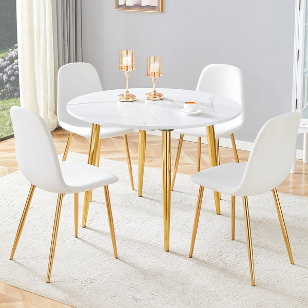 English Elm Table and Chair Set Extendable Round Mdf Dining with Gold Legs Linen Seats W1151S03957