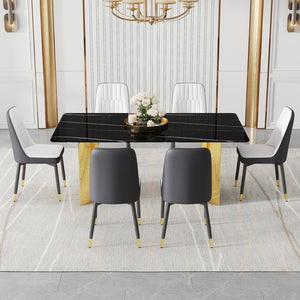 English Elm Table And Chair Set - Elegant Glass Top With Imitation Marble & Gold Legs, 6 Stylish Pu Dining Chairs W1151S04338-GIGA